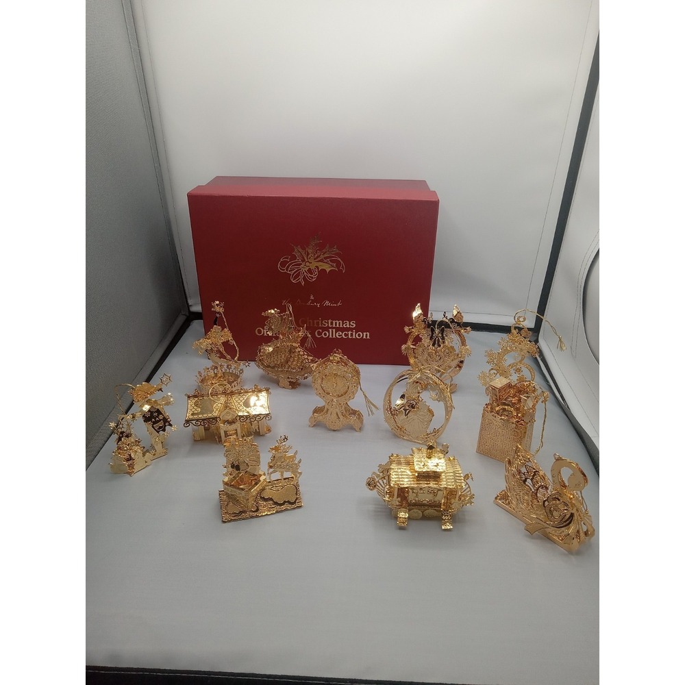 12Piece Danbury Mint 23 kt Gold Plate Christmas Ornament Collection 90S BX Clock